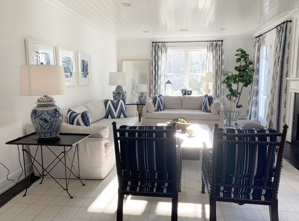 Fair Haven NJ family room, blue and white family room, British Cottage