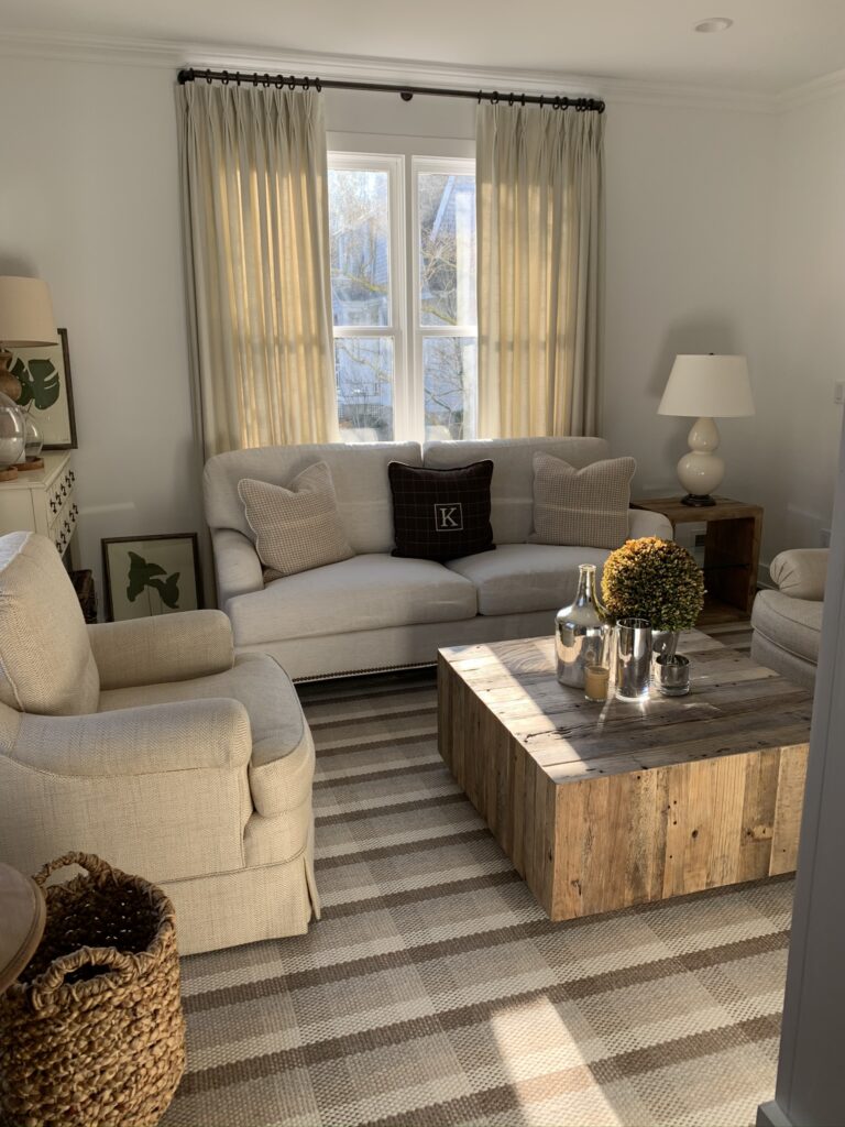 Century Cornerstone sofa, Fair Haven, NJ, rustic coffee table