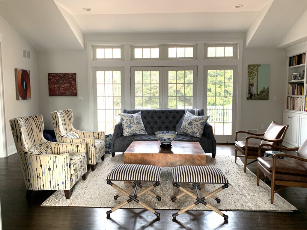 Mid-century Leather chairs, British Cottage, Rumson, NJ, living room furniture, navy blue sofa